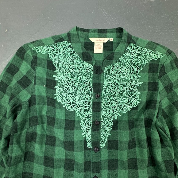 Sundance Plaid Shirt Women's Medium Green Black Button Up Lace Embroidered Top - Picture 2 of 7